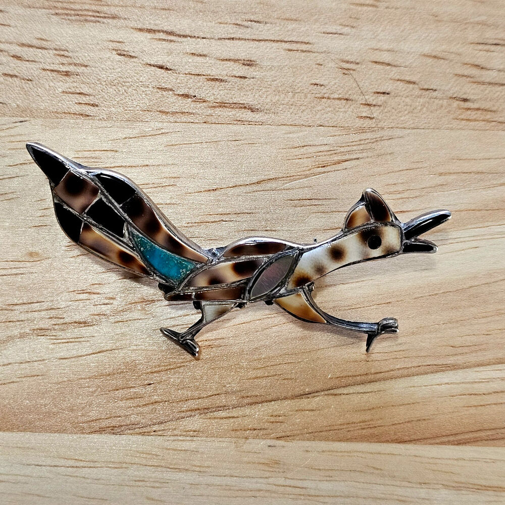 Vintage Zuni Native American Roadrunner Bird Brooch Silver Inlaid Southwestern